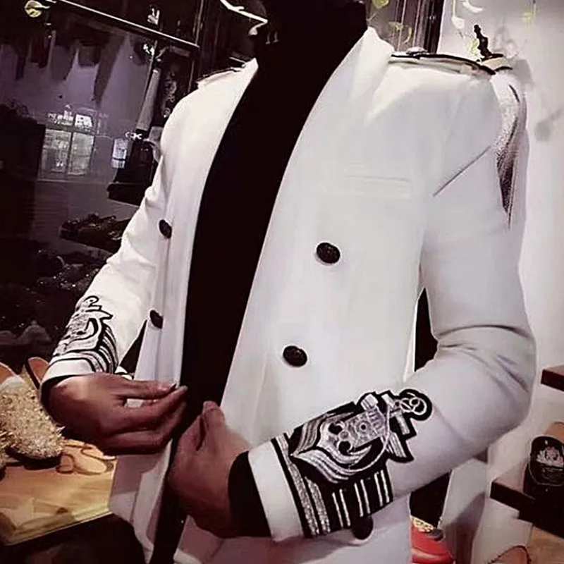 

Fashion Mens White Blazer Autumn New Double Breasted Epaulet Embroidery Slim Fit Casual Blazer Jacket Men Groomsman Suit Jacket