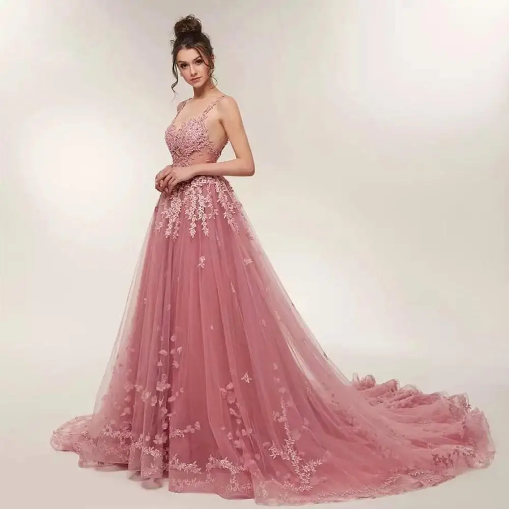 

2020 Prom-Dress for women Pink Sleeveless Spaghetti Strap Floor Length Lace Appliques With Train Prom-gowns Special Occasion