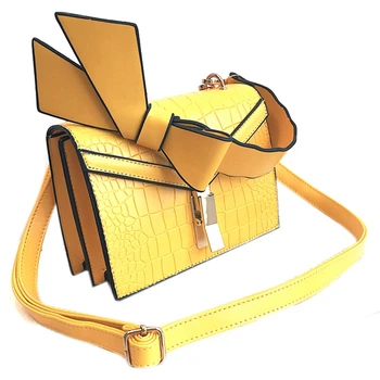 

Elegant Female Bow Handbag Pu Casual Wild Stone Chain Shoulder Bag Crocodile Crossbody Bag Yellow