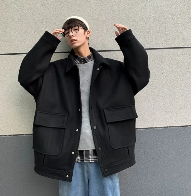 

Winter 2020 Men's New Loose Personalized Woolen Coat Solid Color Fashion Casual Jacket Thick Coat Size M-2XL
