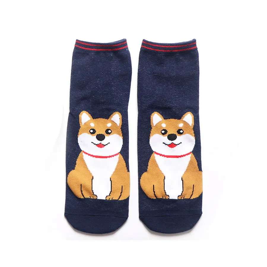 Navy blue Милые Носки с рисунком собаки для женщин, повседневные хлопковые короткие носки, 5 цветов, бежевый, черный, желтый, серый, темно-синий, 1 упаковка - Цвет: Navy blue