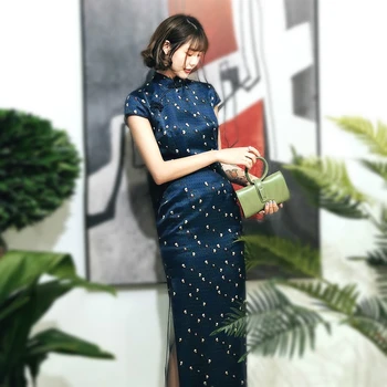 

SHENG COCO Oriental Silk Dresses Navy Blue Chinese Qipao Sexy Long Silk Cheongsam Plus Size Elegant 4XL Party Evening Oriental