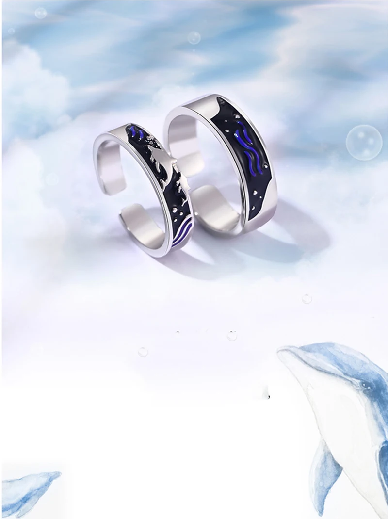 Qevila New Fashion Rings Jewelry Romantic Sea and Whale Enamel Adjustable Silver Ring for Women Lover Men Ring Anniversary Gift (8)