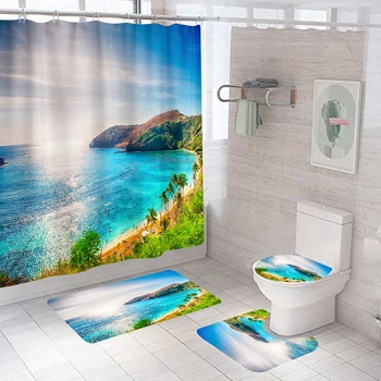 

4pcs Bathroom Decor Toilet Lid Cover Home Shower Curtain Set Polyester Scenery Non Slip Washable Natural Landscape Rugs Hotel