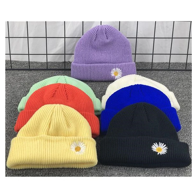

2020 Autumn Winter Unisex's Daisy Flower Embroidered Knitted Hat The New Ins Tide Brand Korean Style Of All Matching Wool Hat