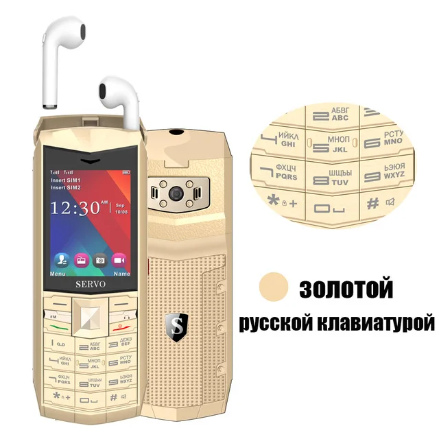 SERVO R26 мобильный телефон с TWS 5,0 Bluetooth беспроводные наушники 2,4 дюймов 3000 мАч разблокировка банк питания две sim-карты fm-радио сотовый телефон - Цвет: Gold Russian Button