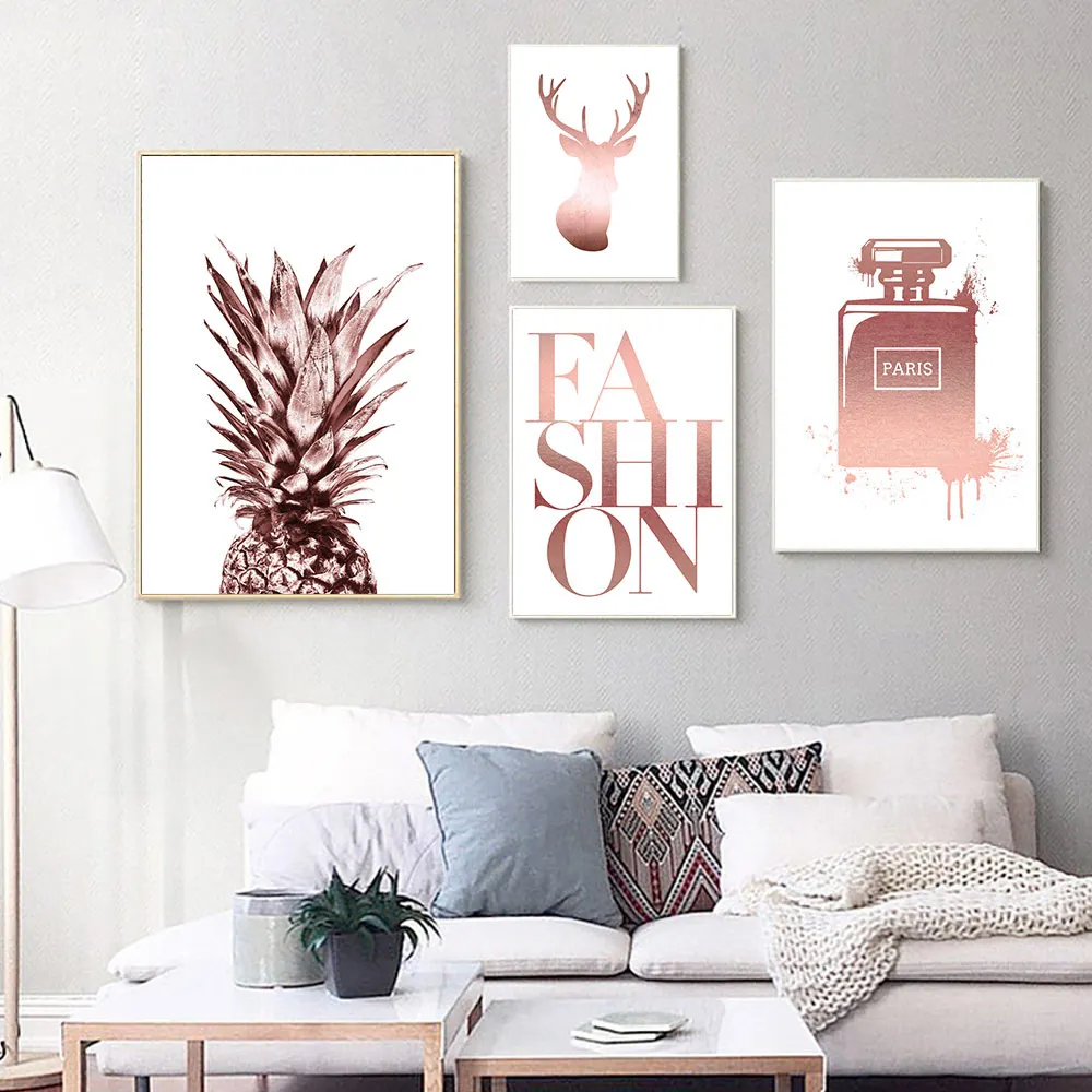 

Nordic Perfume Bottle Poster Abstract Deer Canvas Painting Rose Gold Wall Art Pineapple Canvas Print Fashion Picture Home Decor