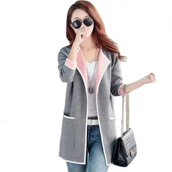 

Women 'S Autumn Coat Grey /Pink Long Trench Coat Big Size Knitted Open Stitch Female Trench Coat Windbreaker Cardigan