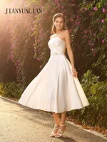 Elegant Tea Length Short Wedding Dresses Strapless A-Line Stain Wedding Gowns Custom Made Short Bridal Gowns Cheap 1