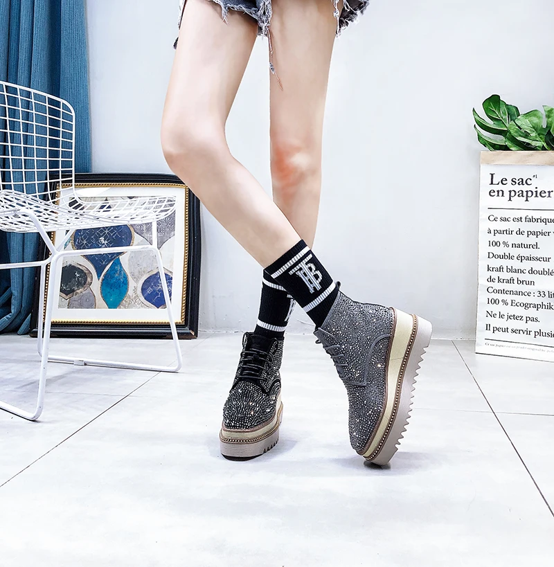 Ботинки женская обувь женские ботинки модные ботильоны со стразами г. Новые осенние ботинки на толстой танкетке с кружевом квадратный носок X182