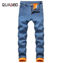 QUANBO мужские зимние вельветовые Теплые джинсы, новинка, прямые облегающие мужские повседневные джинсы, черные синие джинсы 40 42