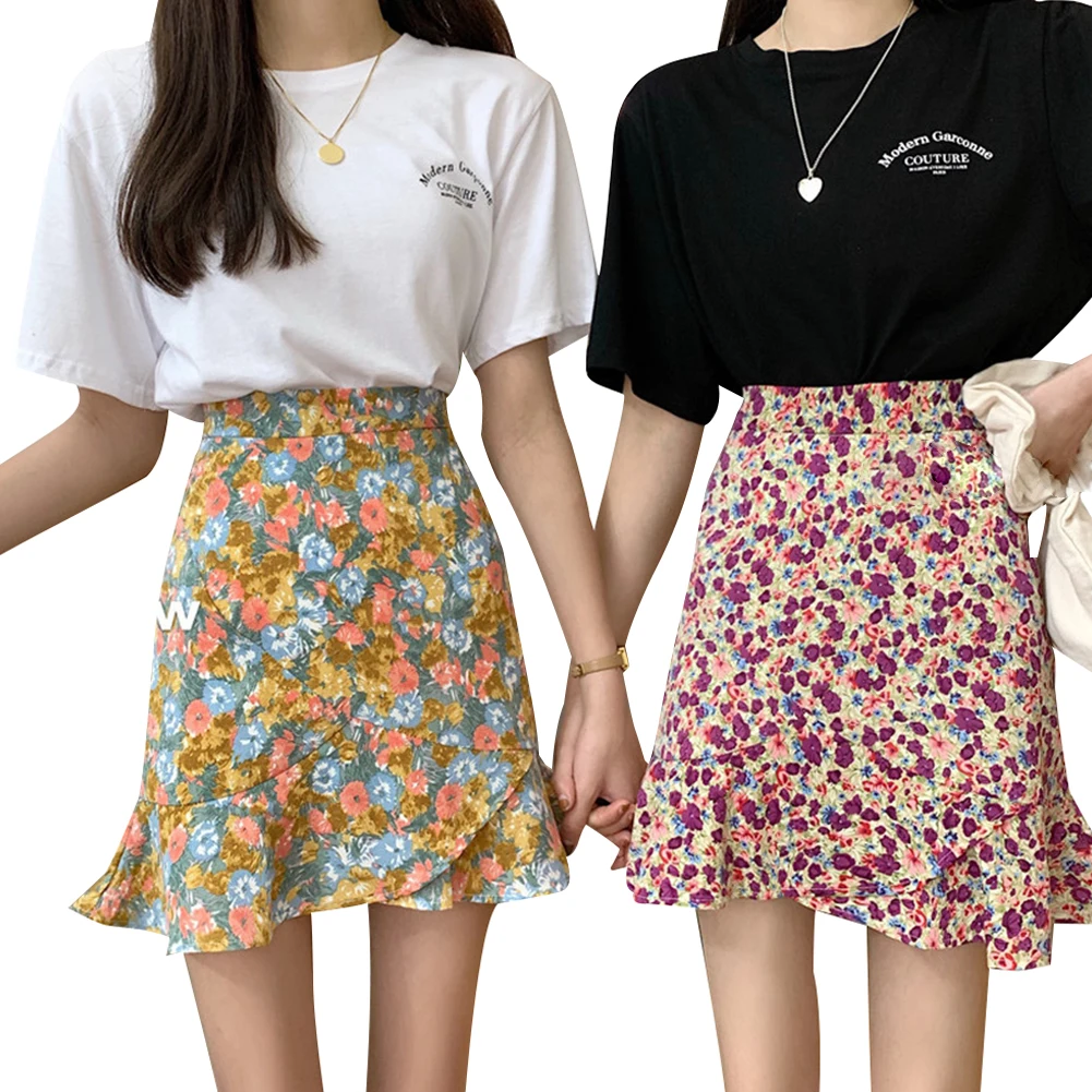 

AA Women High-waisted Floral Print Skirt Fashion Irregular Hem Skirt for Ladies Girls