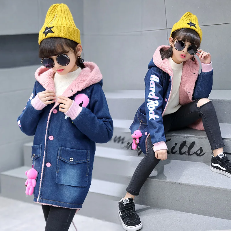

Girls Berber Fleece Jeans Coat 2019 Korean-style New Style Children Big Boy Mid-length Winter Hooded plus Velvet