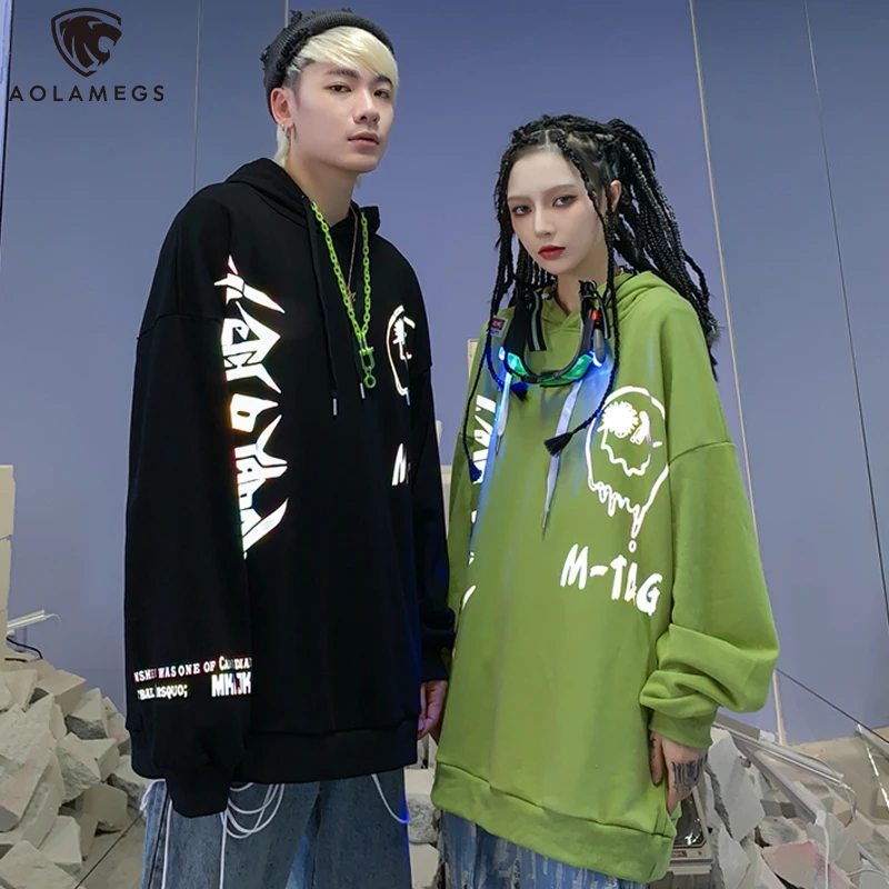 

Aolamegs Hoodie Men Reflective Letter Graphic Print Sweatshirt Streetwear Casual Oversized Harajuku Retro Lovers Hooded Pullover