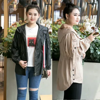

Spring Plus Size Women Hooded trench Coat Fashion Loose Long Sleeve iron hoop decorate Tops Female Clothing z8621