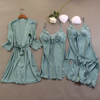 

Solid Color Women Pajamas Set Sexy Summer Home Sleepwear Suits Floral Lace Bra Satin Leisure Nightgown Female Breathable Robe