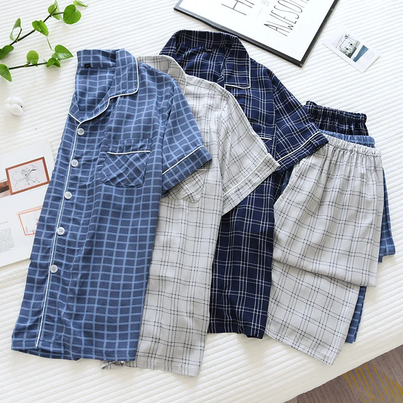 soft cotton pyjamas 2Pcs/set Summer Men's Pajamas Thin Short Sleeved Long Pants & Tops Pajamas Set Homewear Plaid Print Woven Mens Sleepwear Suit mens pjs sale