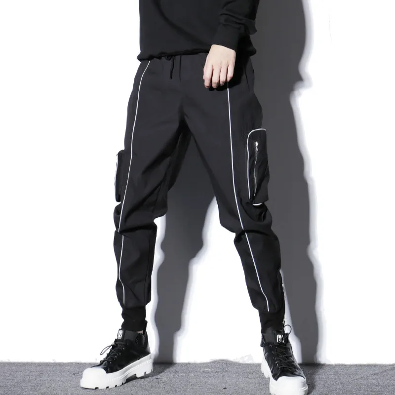 

Men Elastic Waist Reflective Strip Cargo Pants Male Streetwear Hip Hop Loose Casual Harem Trousers Sport Pants Jogger Sweatpants