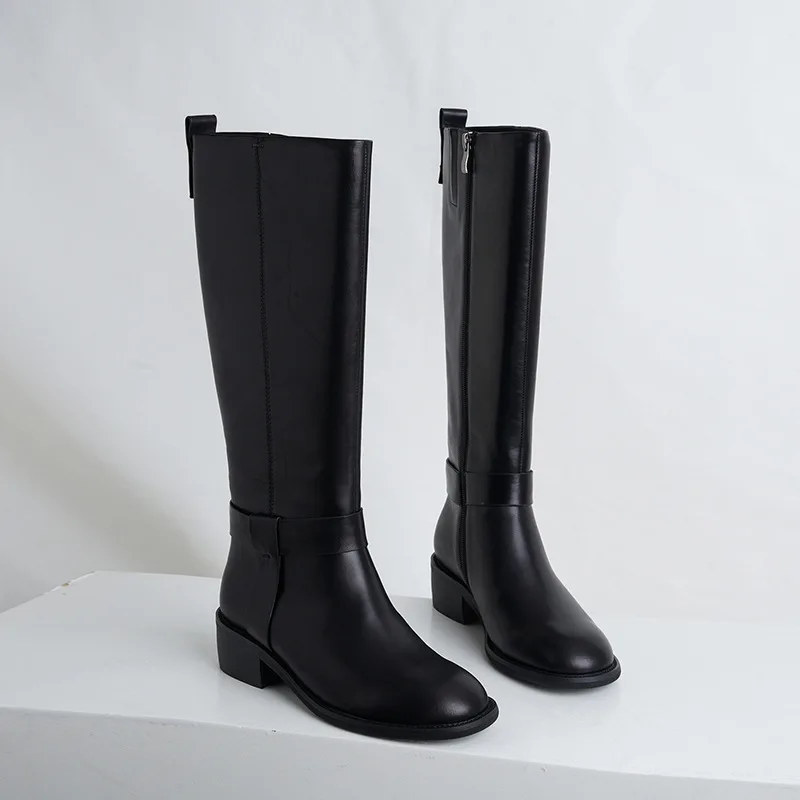 

Latest Fashion 2020 Genuine Leather Foot Ring Bandage High Coarse With Circle Head Side Zipper Boots Woman