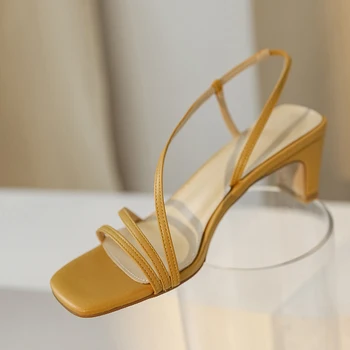 

Genuine Leather high heels Women Sandals elegant Summer Shoes Woman back white yellow slip-on Women Shoes