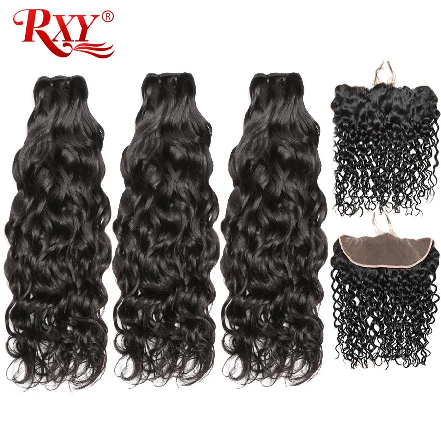 Sale Water-Wave-Bundles Closure Frontal Human-Hair RXY with Brazilian Weave Ear-To-Ear Remy dg56aLXQ