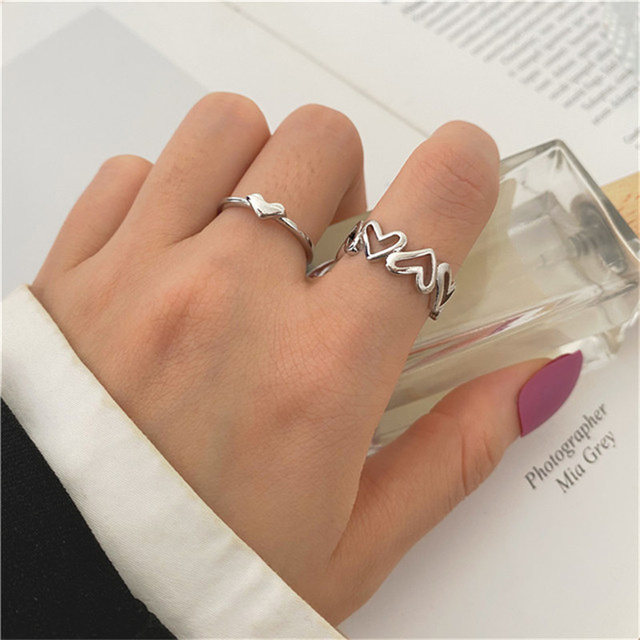 Heart Rings Set Silver Black Alloy Hollow Pearl Love Rings Couples Lovers Valentine's Day Party Gift for Women Girls