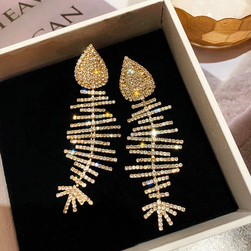 

Luxury Female Crystal Fish Animal Drop Earrings Elegant Yellow Gold Color Long Dangle Earrings Fashion Party Earrings For Women