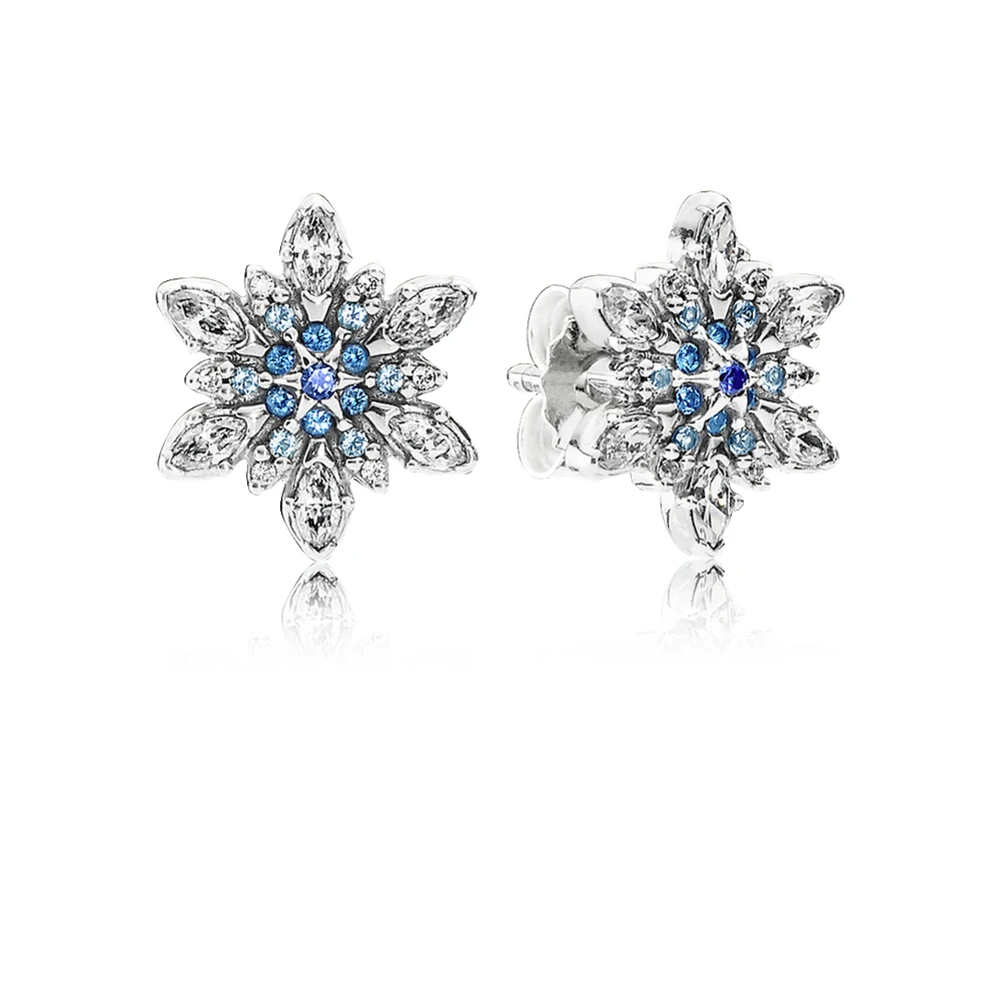 

Classic luxury Real 925 Sterling Silver Blue Crystalized Snowflake Stud Earrings Simple elegant earrings DIY Jewelry