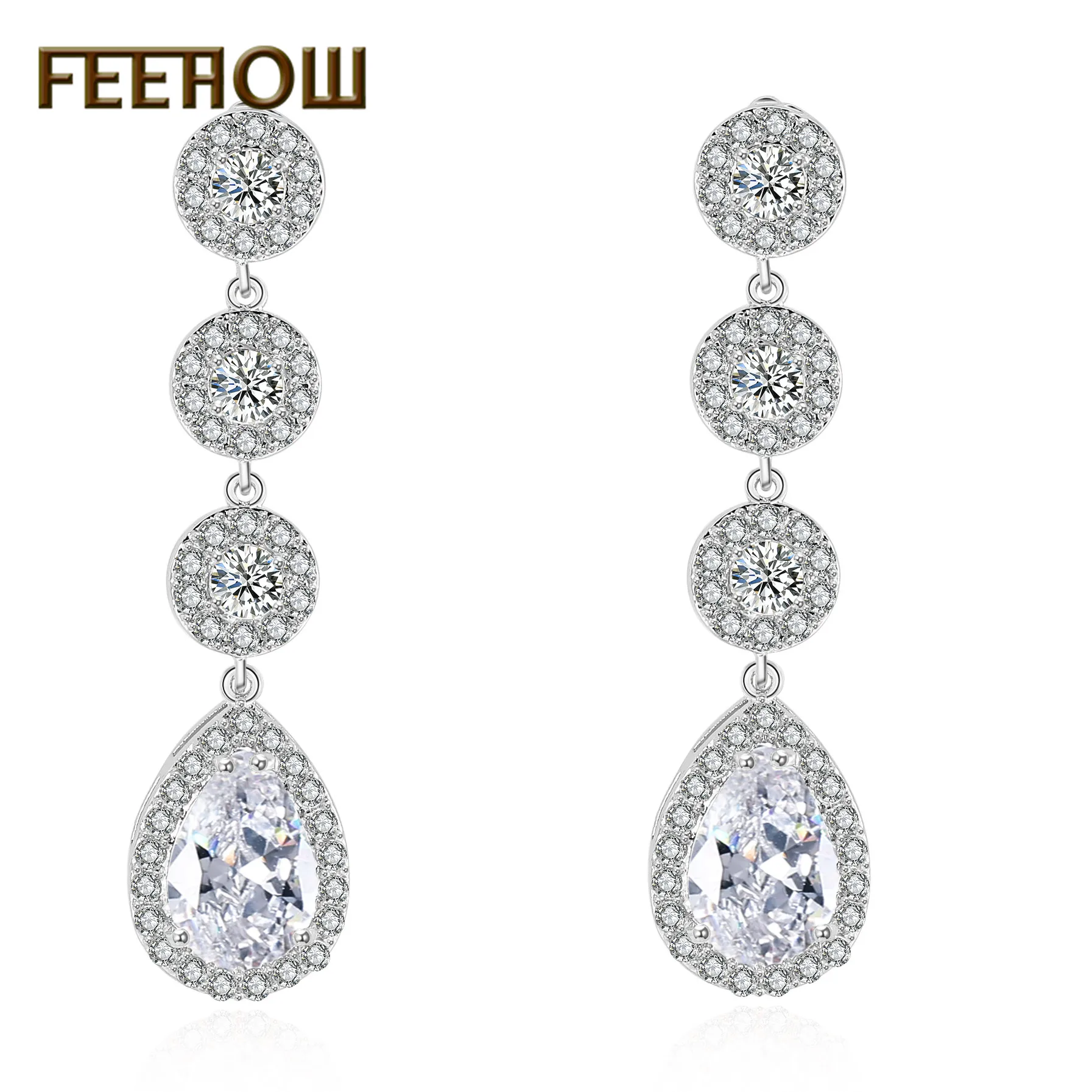 FEEHOW, классические, прозрачные, AAA, кубический циркон, капля воды, длинные, модные серьги-подвески для женщин, для свадьбы, ужина, вечерние, ювелирные изделия, FWEP2008 - Окраска металла: White 4