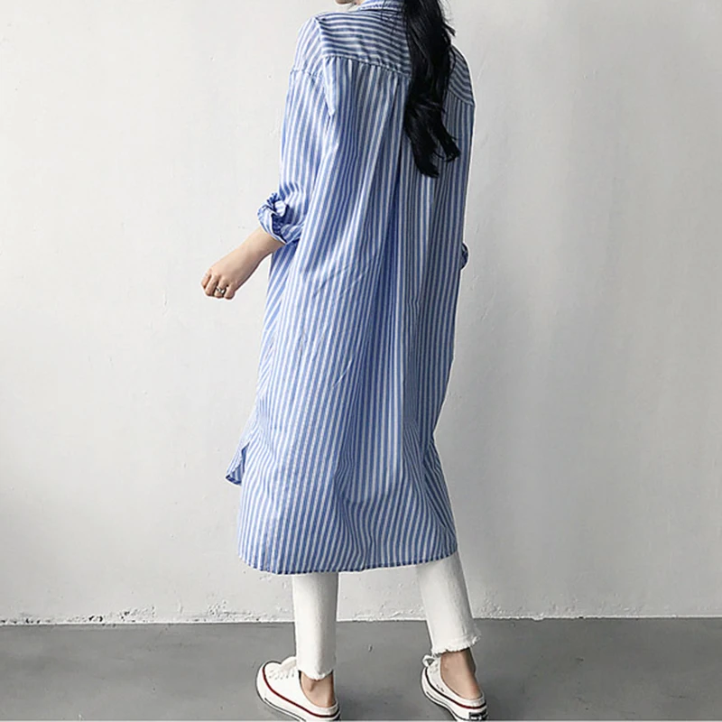 Women Blue Striped Long Shirt Dress 