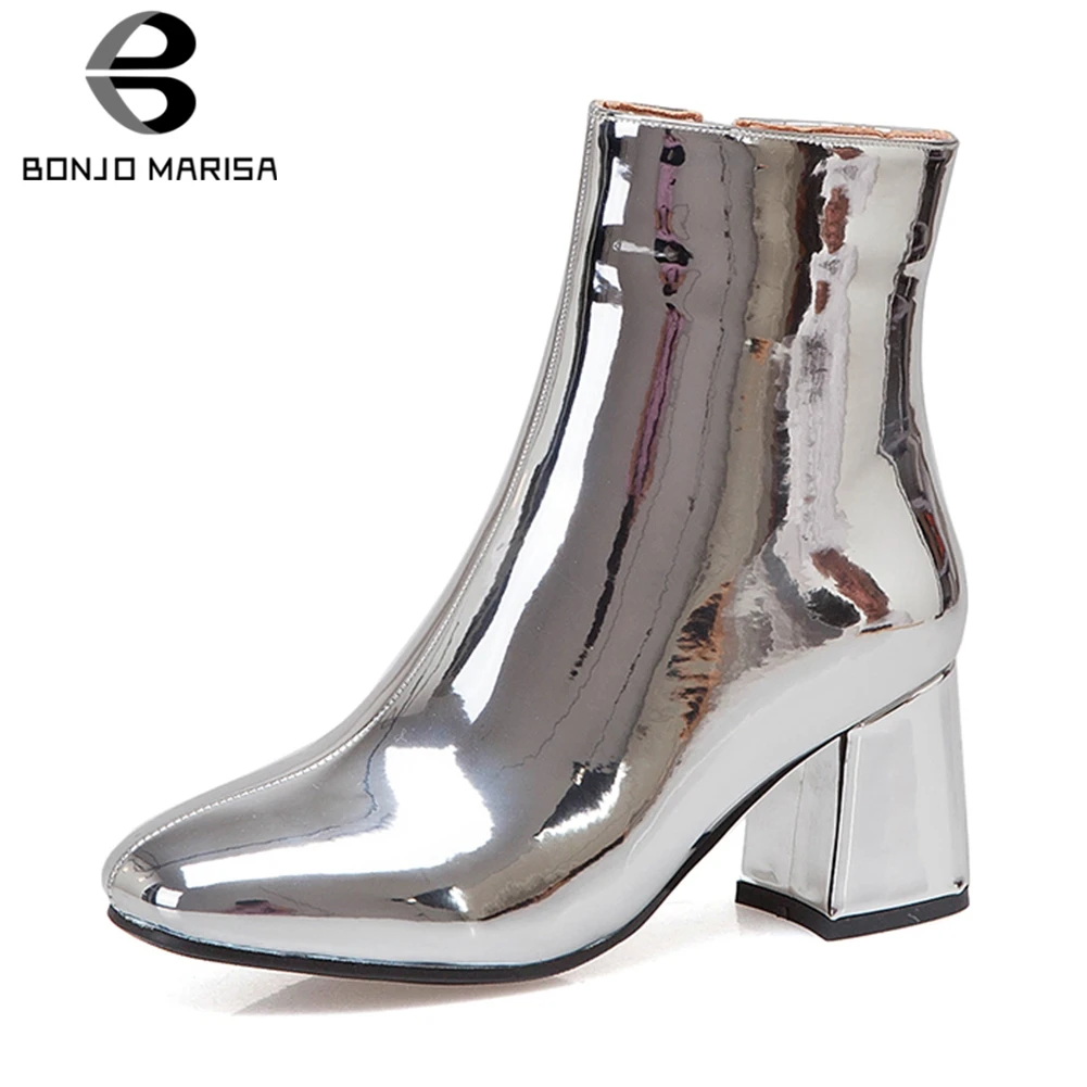 

BONJOMARISA New Arrival 33-43 Ladies Fashion metallic Booties High Heels Ankle Boots Women 2020 Party Wedding Shoes Woman