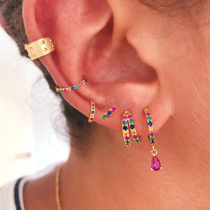 925 Sterling Silver Rainbow CZ Zircon Earrings for Women Minimalist INS Circle Piercing Luxury Colorful Fine Jewelry silver earrings
