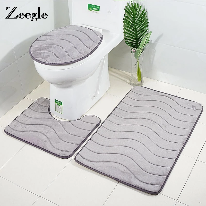 3D Embossed Bathroom Bath Mat Set Toilet Carpet Rug Flannel Non-Slip Toilet Rug Bathroom Shower Room Rug Floor Mats