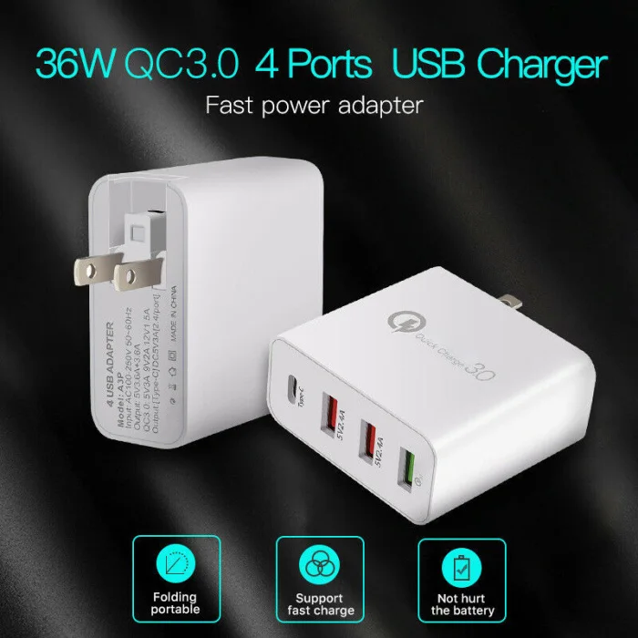 Настенное зарядное устройство адаптер 4 порта type C USB зарядное устройство адаптер Быстрая зарядка для домашнего офиса_ WK