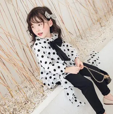 

Children's shirt Fall 2019 New Girls'Korean Dot Long Sleeve Top with Lace Stitching Girls' Trousers Tide