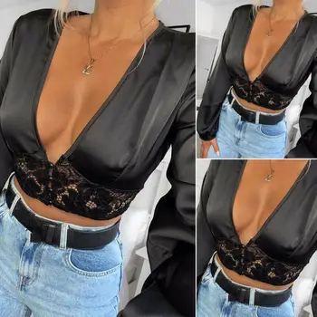 

Women Autumn Lace hollow out Satin silk patchwork Button Deep V neck Lace Crop Top Long Sleeve Sexy Shirts Blouse Tops