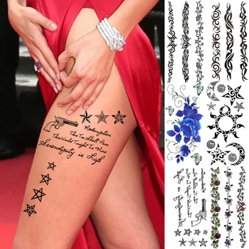 

Sexy Star Poem Temporary Tattoos For Women Adults Realistic Indian Tribal Sun Moon Gun Rose Fake Tattoo Sticker Thigh Tatoos