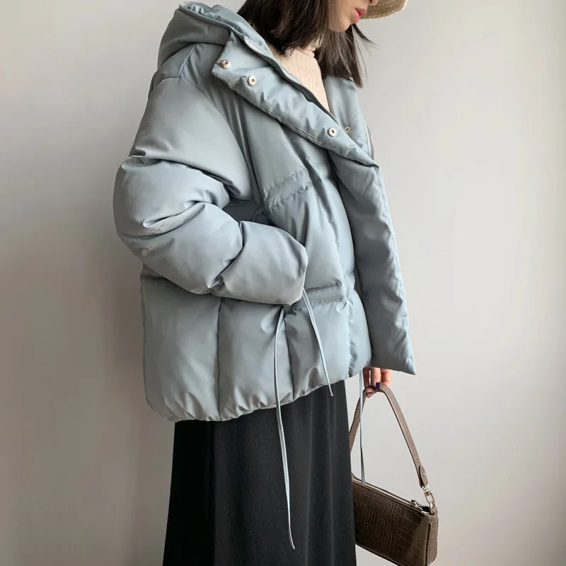 Autumn Winter Korean Warm Puffer Jacket Women Casual Solid Long Sleeve With Hooded Pink Blue Black Loose Coat Tops