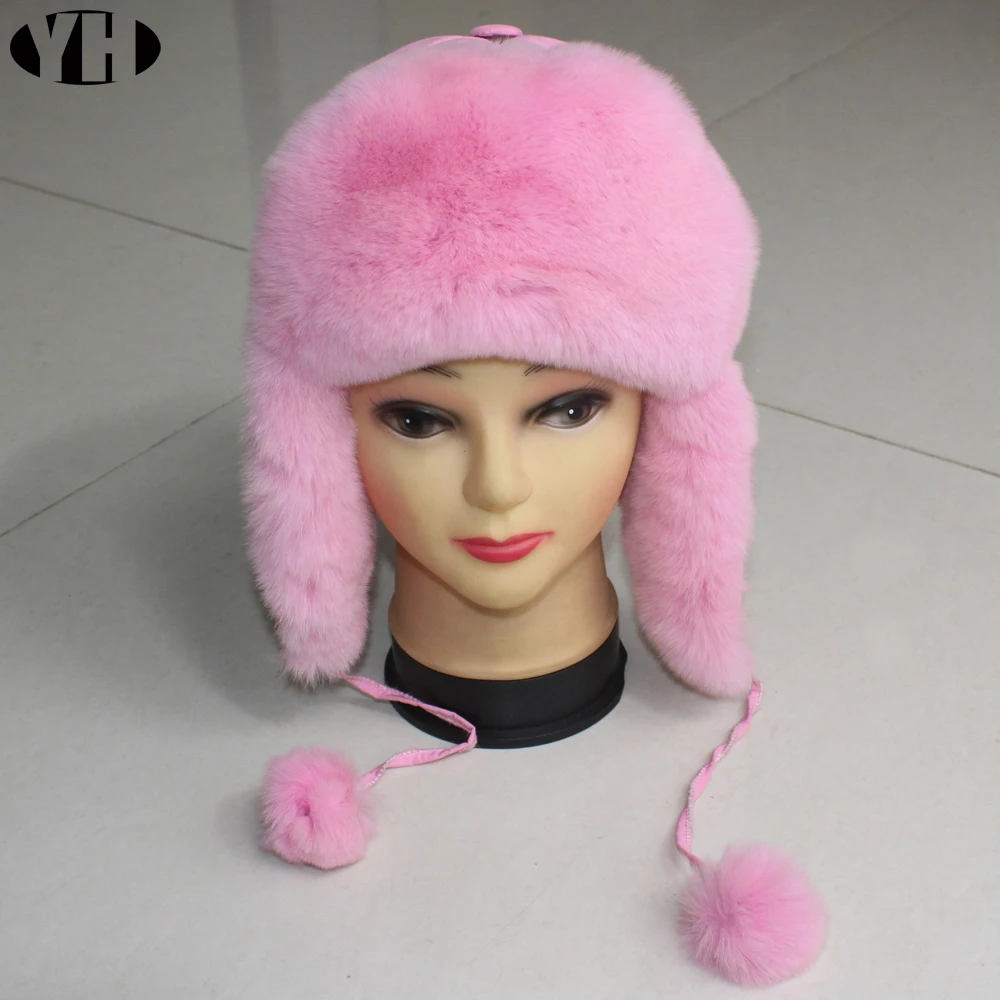 Winer warm real rex rabbit fur hat lady fashion fur earmuffs new fashion girl cute natural rabbit fur Bomber Hats headgear
