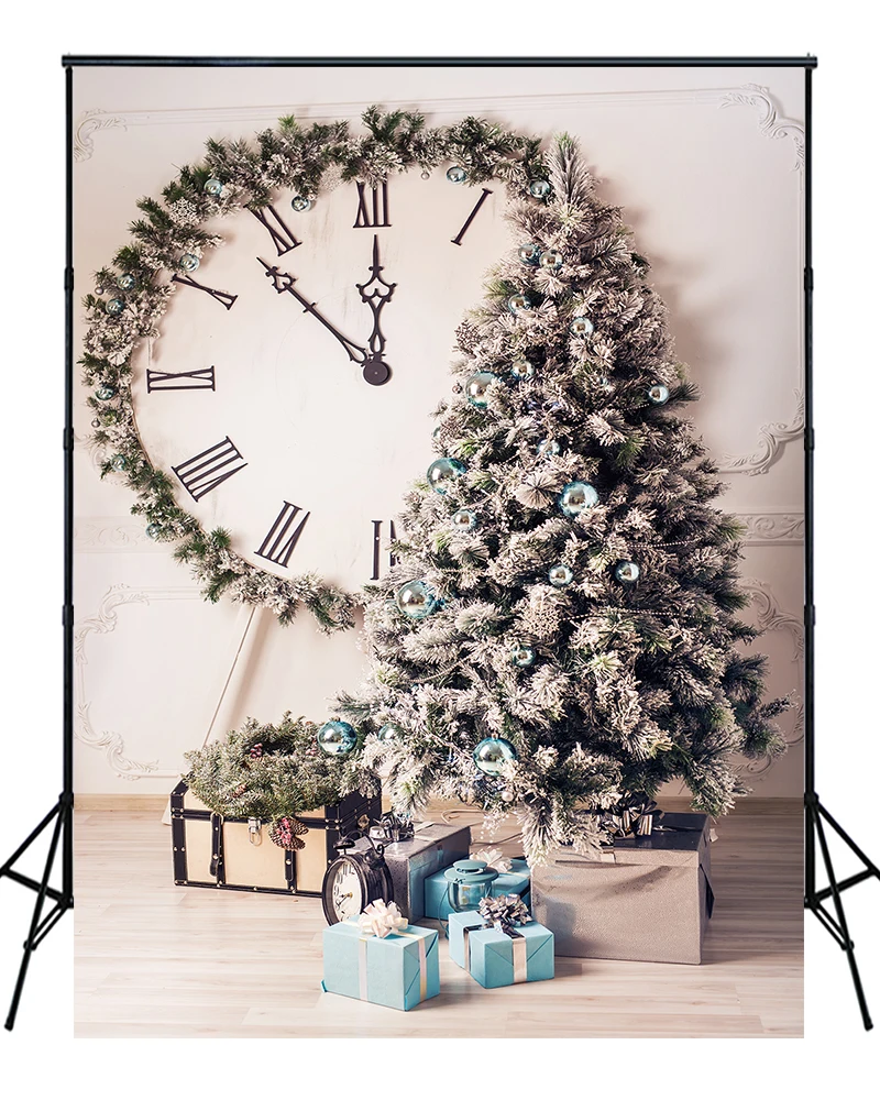 

White Christmas Tree Clock Photography Backdrop Winter Family Party Decorations Background Photo Booth Props XT-7735