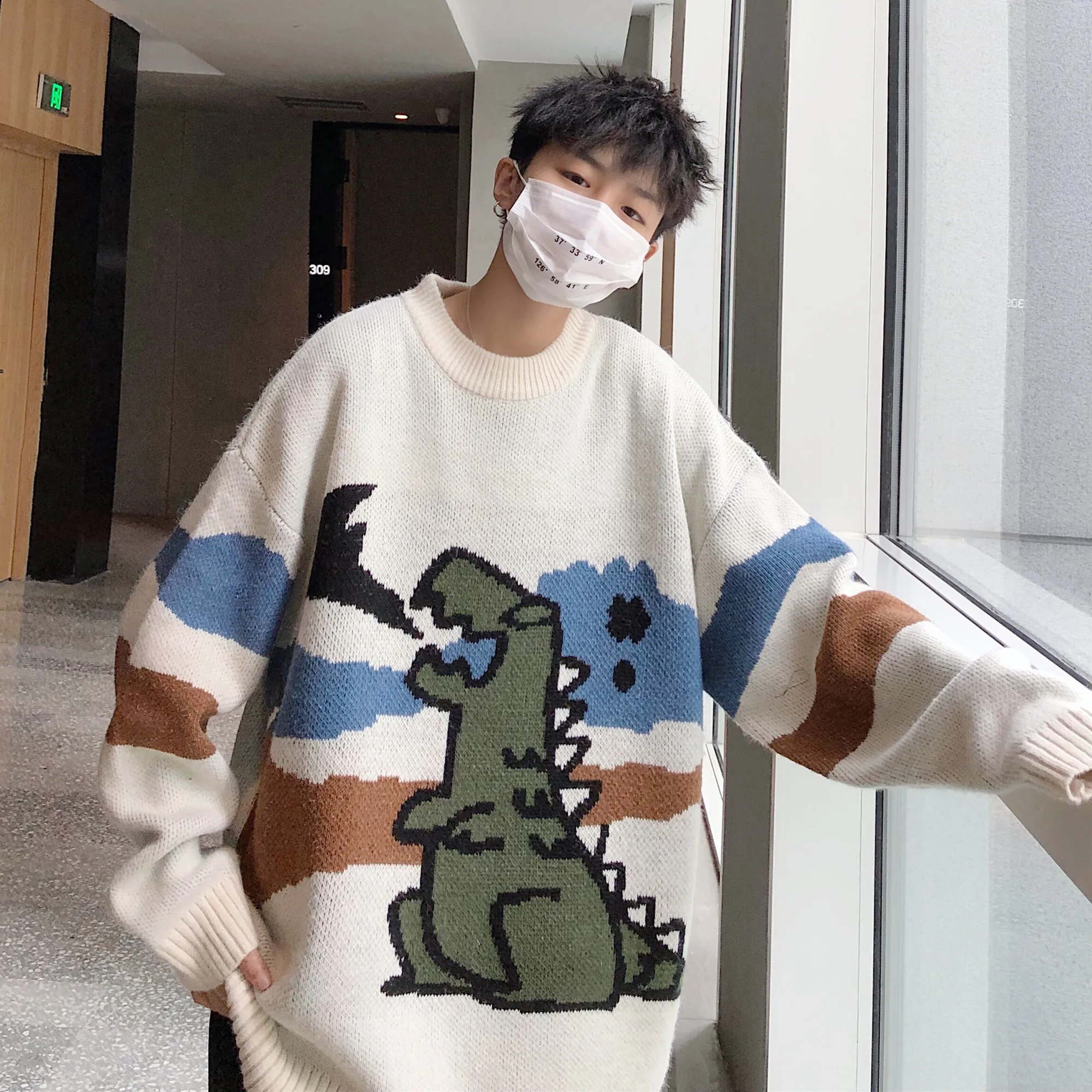 

Dinosaur Jacquard Weave Sweater for Men Autumn Crewneck Fashion Trends Clothes Korean Harajuku Pullover Tops Vintage Knit Jumper