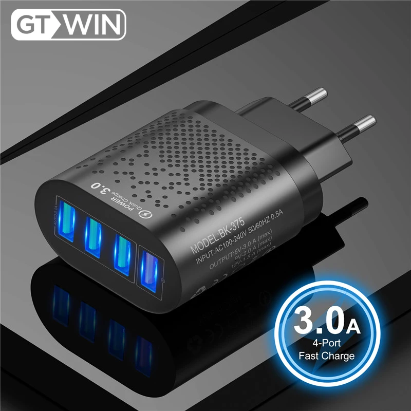 GTWIN 48W 4 Ports USB Charger For Xiaomi note 10 Quick Charge 4.0 3.0 Wall Mobile Phone Fast Charging Adapter For iphone Samsung