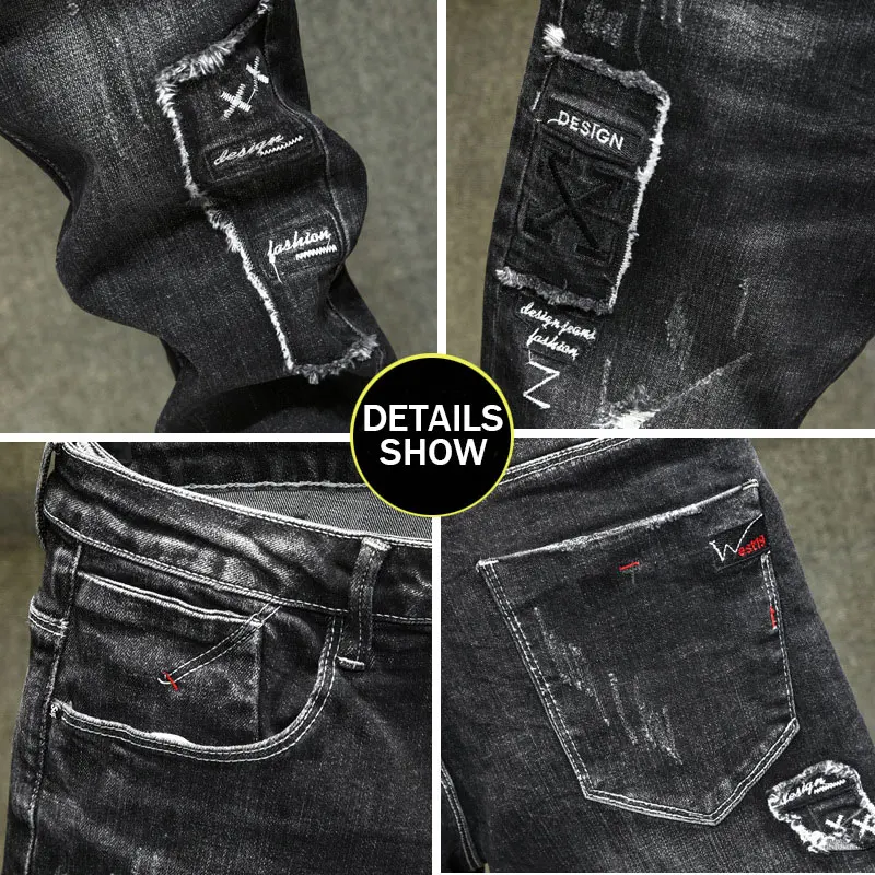 Great Value Fashion Streetwear Men Jeans Black Color Elastic Slim Fit Ripped Jeans Stretch Denim Pants Patchwork Designer Hip Hop Jeans Men