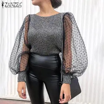

2020 Spring ZANZEA Women Patchwork Mesh Puff Sleeve Tunic Tops Ladies Office Work Chic Shirt Female Sexy Lace Knitted Blouse