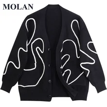 

MOLAN Cardigan Pattern Woman Cardigan V Neck Long Sleeve Button Casual Winter Cardign Sweater Loose Chic Female Outwear