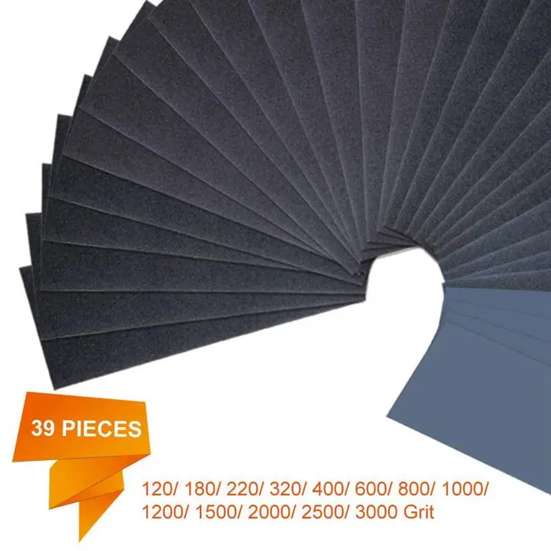 Наждачная бумага, 39 Pcs120 до 3000 зернистость влажная Сухая наждачная бумага ассортимент 9x3,6 дюймов для автомобильной древесины Гипсокартон Шлифовальный