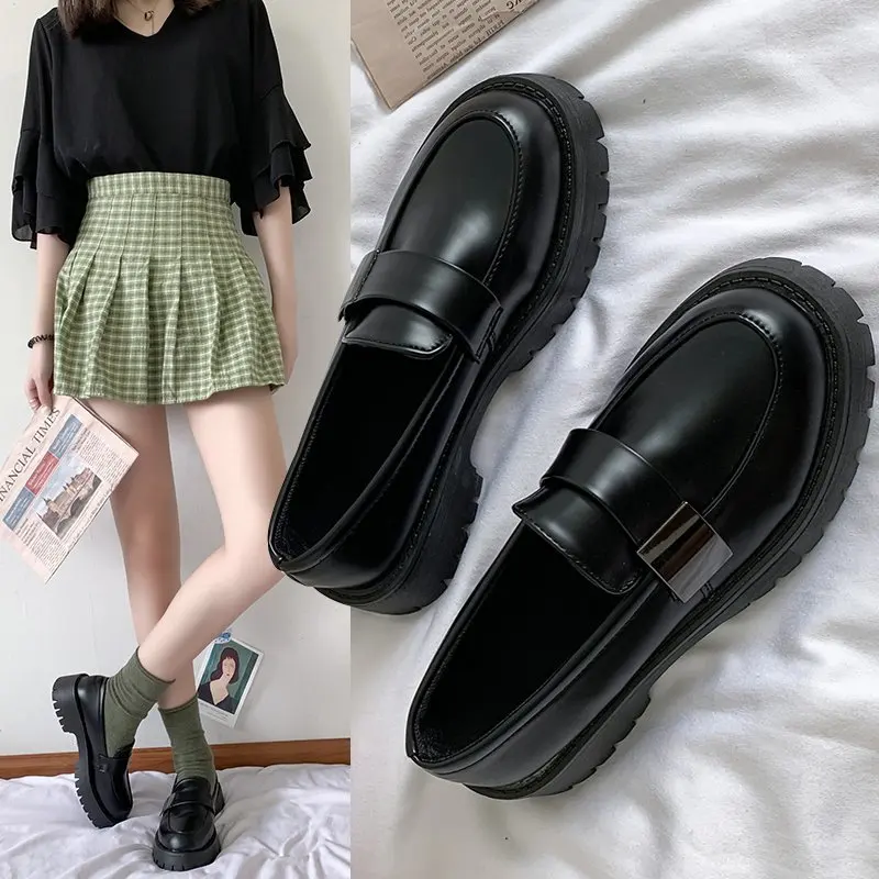 Mocasines De piel sintética para Mujer, Zapatos planos De plataforma con punta redonda, color negro, 2021, envío directo, 2020