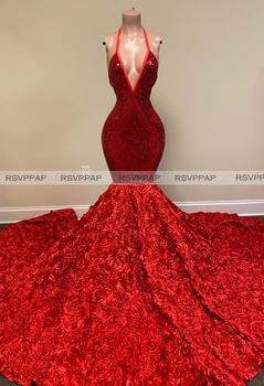 

African Girl Red Mermaid Prom Dresses 2020 Real Pictures Sexy Deep V-neck Backless Glitter Sequin 3D Flowers Long Prom Gowns