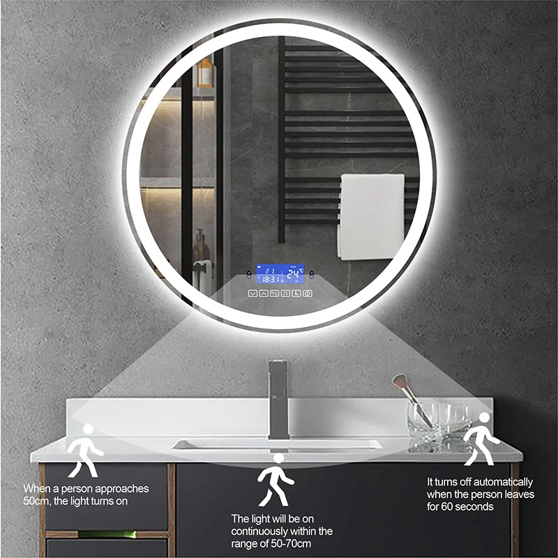 Round LED Smart Wall Mounted Bathroom Mirror With Body Induction Anti-Fog Bluetooth Function Bath Makeup Vanity Mirror