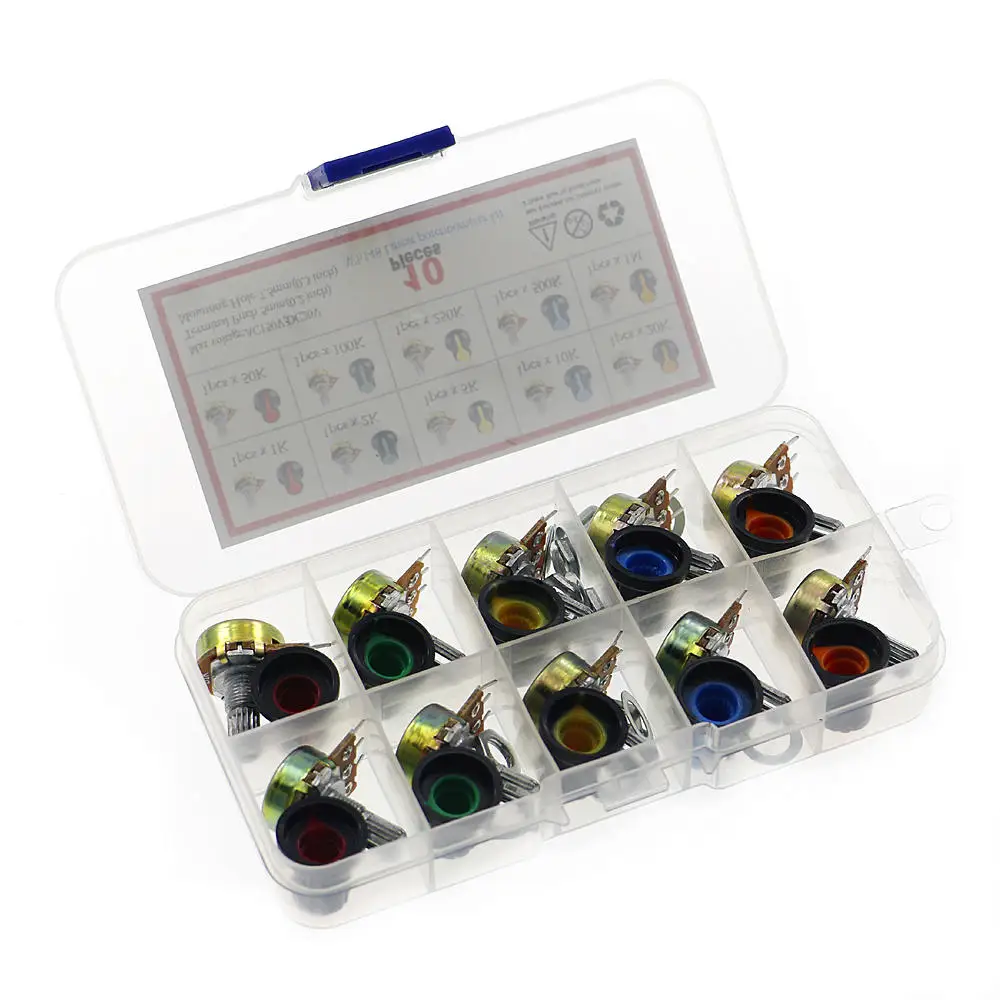 10Pcs WH148 3pin Single Potentiometer Kit B1K/B2K/5K/10K/20K/50K/100K/500K/1M with knobs Single potentiometer set Shaft Nuts BOX